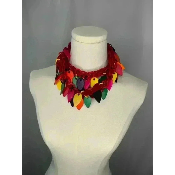Statement Vtg Retro MOD Red Green Yellow Cluster Necklace - Picture 2 of 10